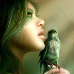 Девушка зеленоволосая с птицей