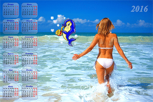 Календарь 2016. Девушка и дельфинчик в море