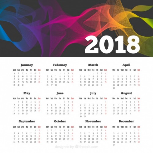 Календарь 2018 года, фон белый, шапка разноцветная