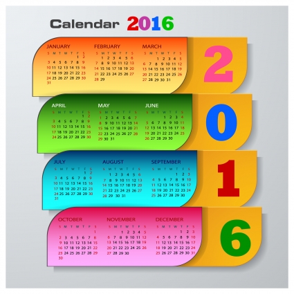 Календарь 2016.Яркий,  месяцы указаны на английском языке